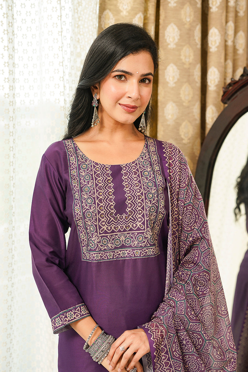 Purple Cotton Blend Ajrakh Printed Straight Kurta Trousers With Dupatta PKSKD3067