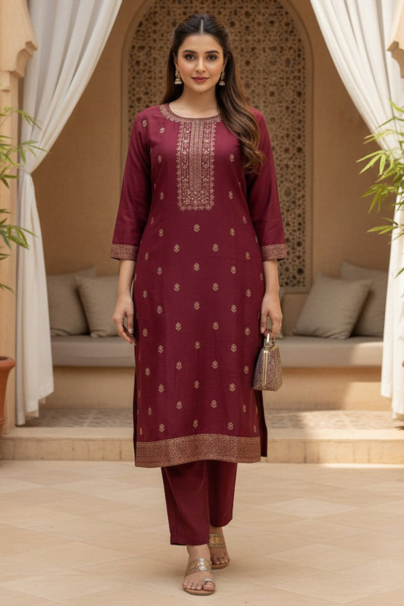 Maroon Silk Blend Ethnic Motifs Stoning Straight Kurta Trouser with Dupatta SKSKD3092