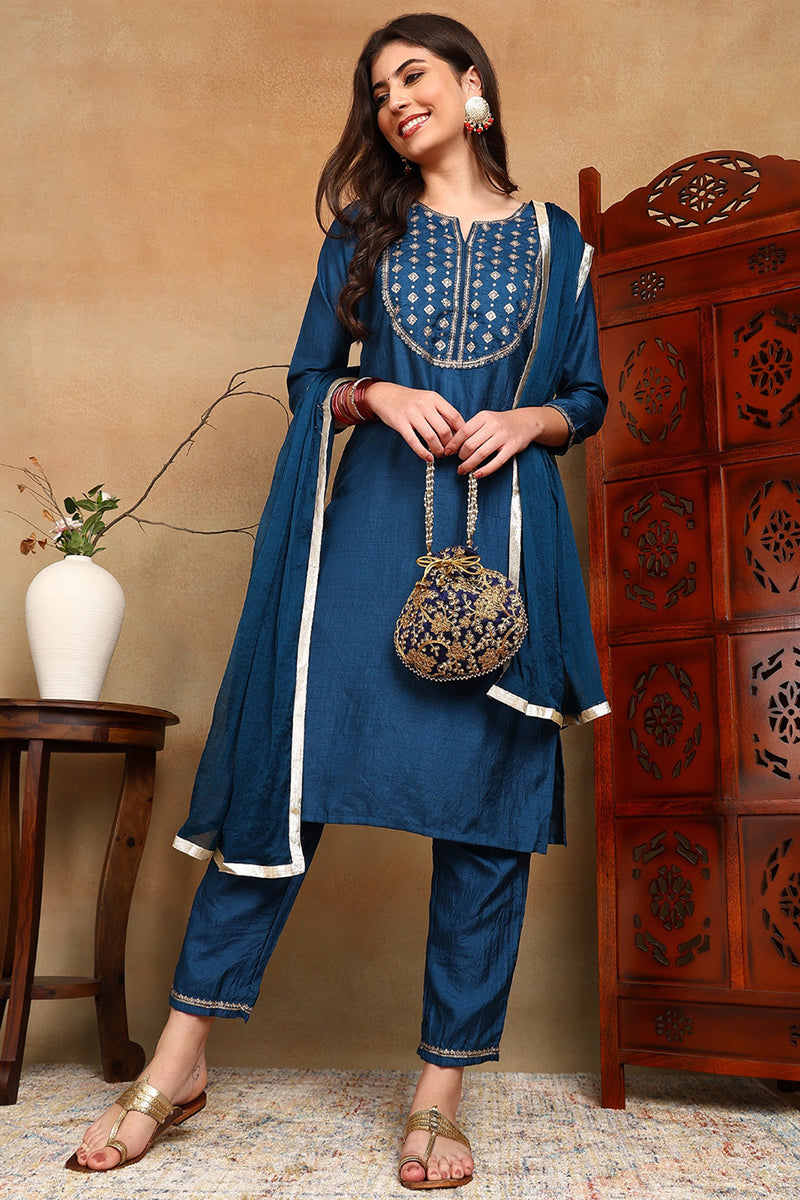 Silk Blend Blue Embroidered Straight Kurta Pant With Dupatta PKSKD1820