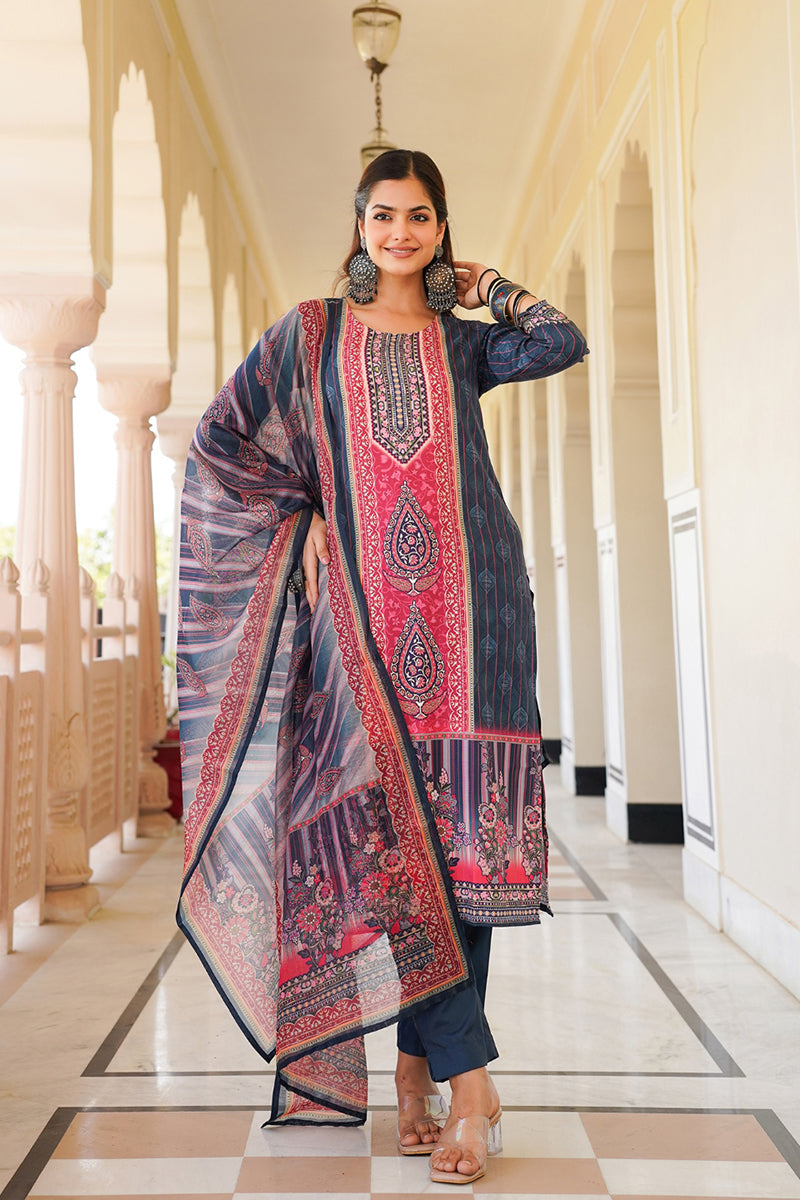 Blue Rayon Blend Ethnic Motifs Printed Straight Kurta Trouser With Dupatta SKSKD3053