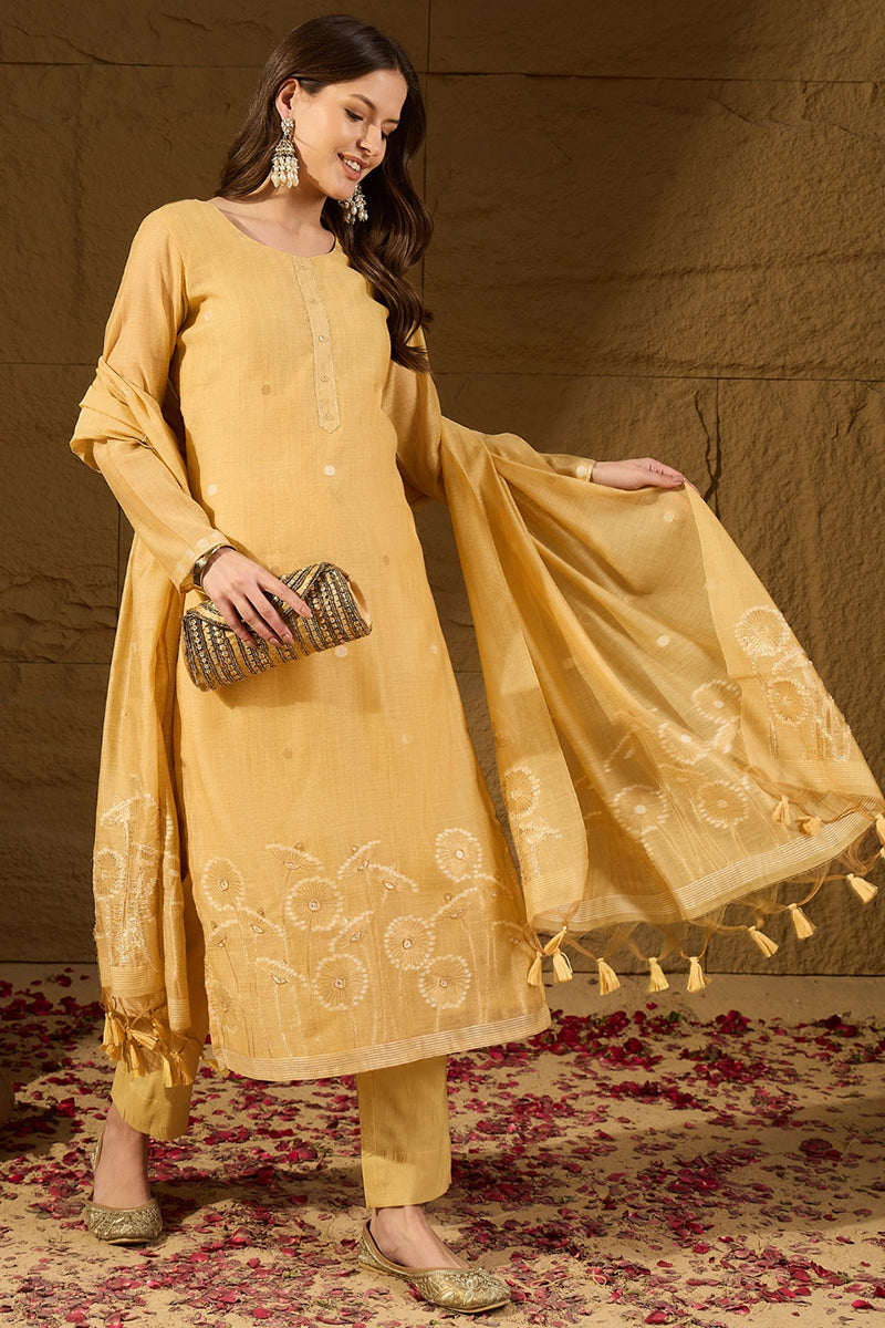 Yellow Chanderi Woven Design Straight Kurta Trouser with Dupatta PKSKD2904