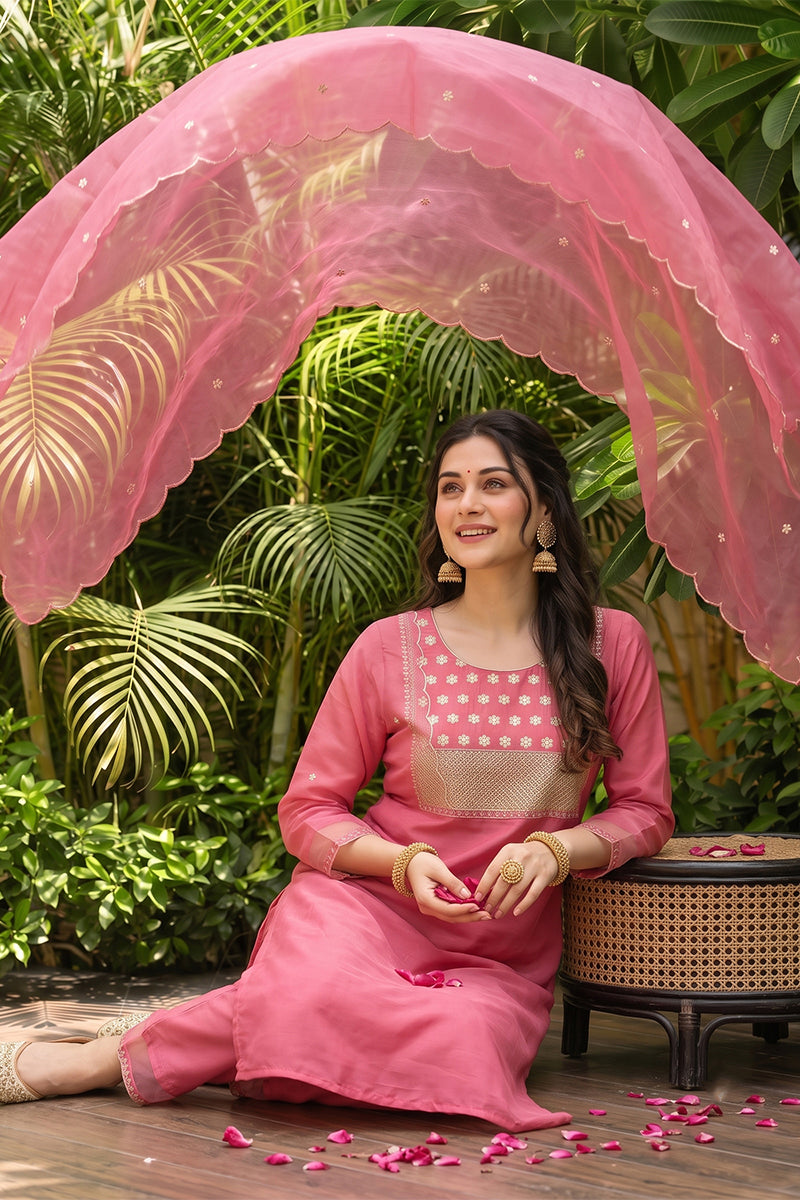 Pink Poly Silk Solid Sequin Straight Suit Set PKSKD1159