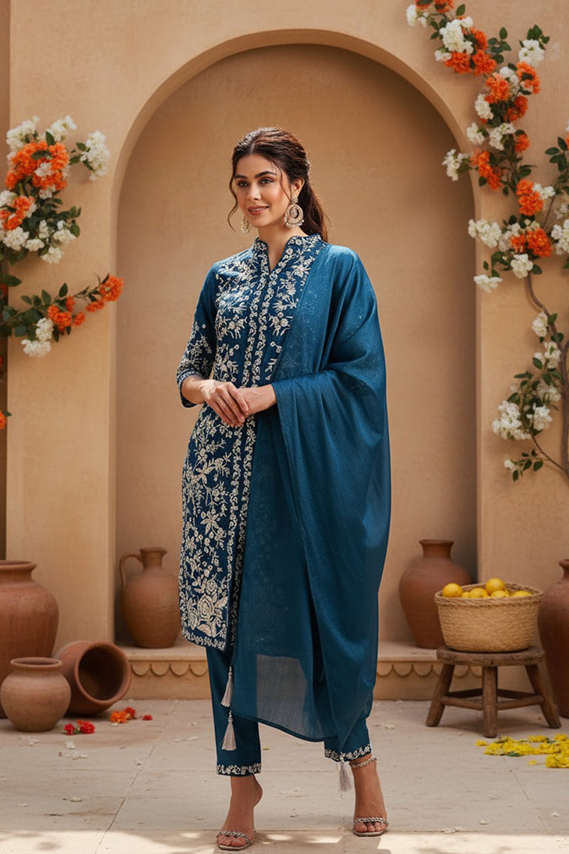 Teal Blue Silk Blend Solid Embroidered Straight Suit Set PKSKD2216