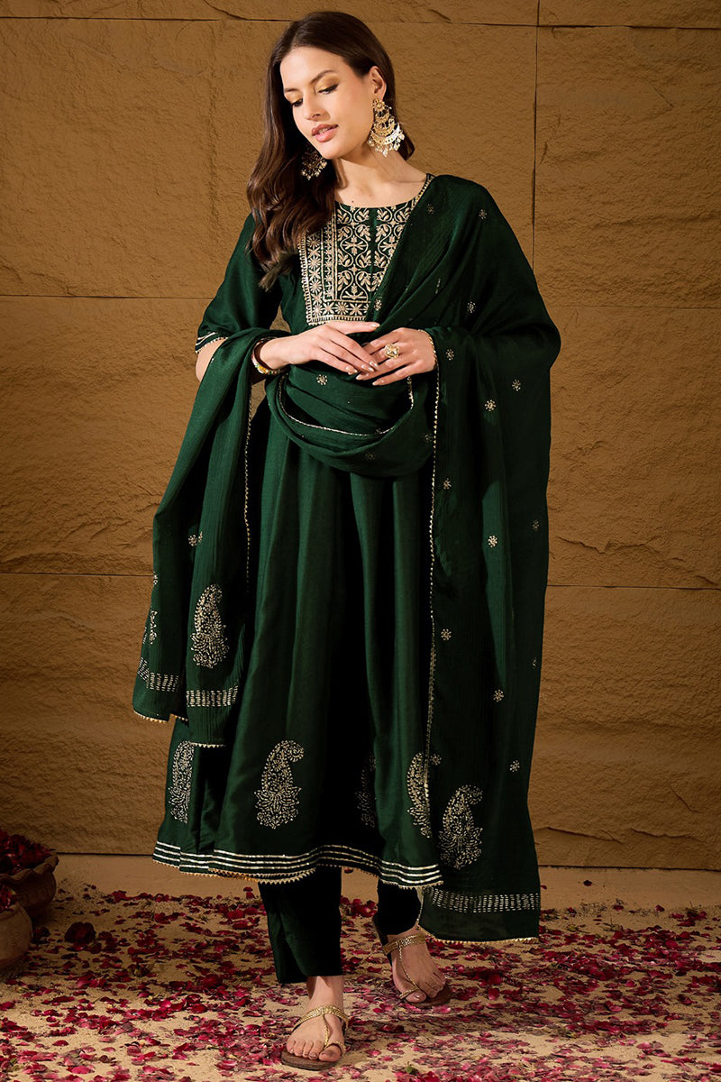 Green Silk Blend Embroidered Anarkali Suit Set VKSKD1218