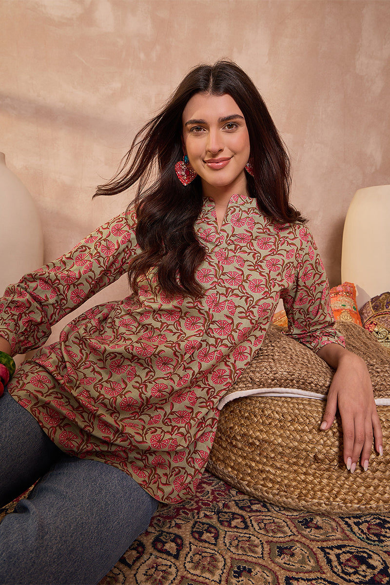 Green Cotton Floral Printed Top VT1436