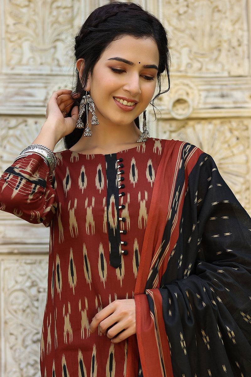 Brown Rayon Blend Straight Kurta Pant With Dupatta VKSKD1304