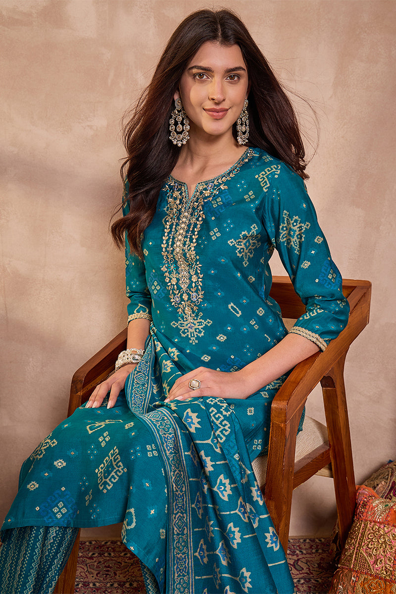 Silk Blend Ethnic Motifs Printed Blue Kurta And Trousers With Dupatta PKSKD3230