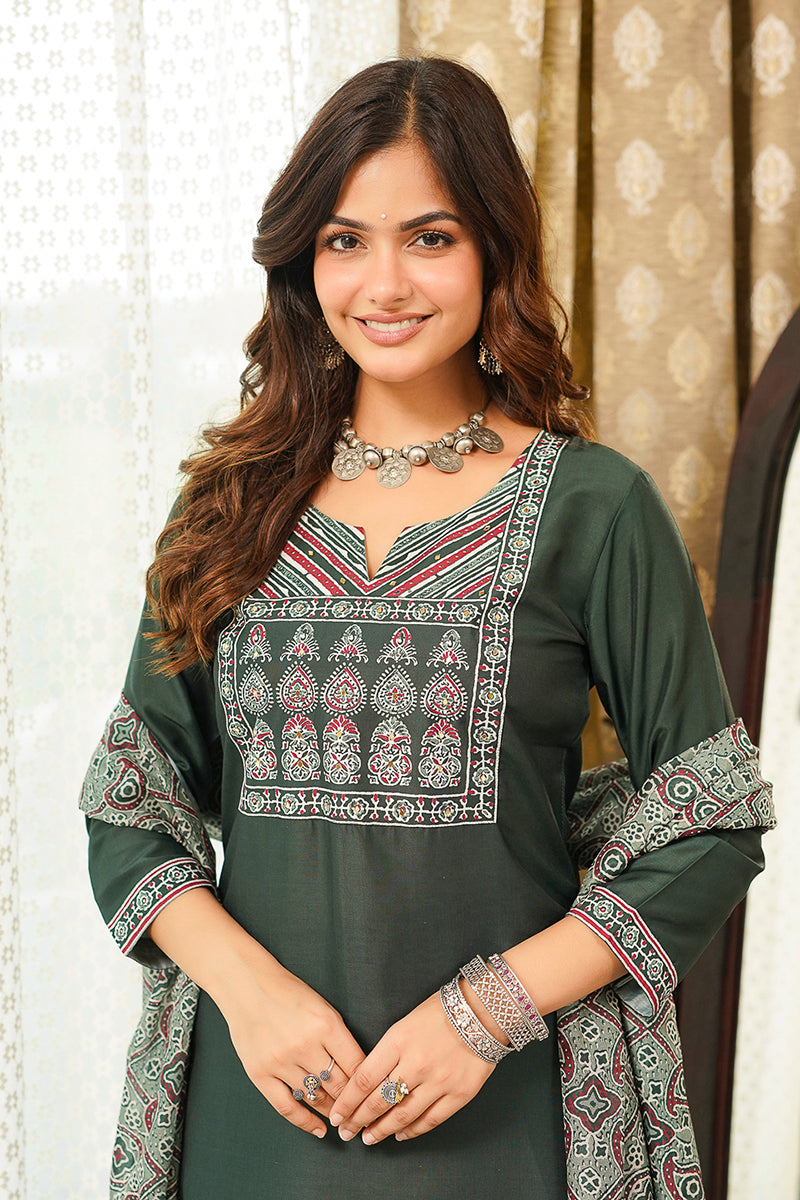 Green Cotton Blend Ajrakh Printed Straight Kurta Trousers With Dupatta PKSKD3066