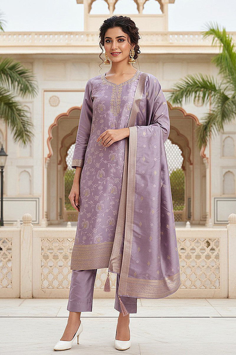Lavender Silk Blend Ethnic Motifs Woven Design Straight Suit Set PKSKD2405
