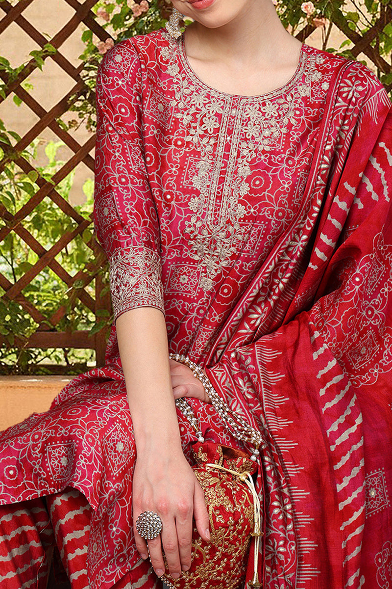 Maroon Silk Blend Ethnic Motifs Printed Straight Suit Set PKSKD2201