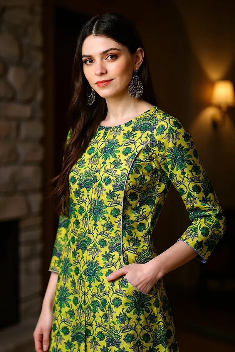 Women Cotton Printed Simple Function Wear Green Kurti VCK1528