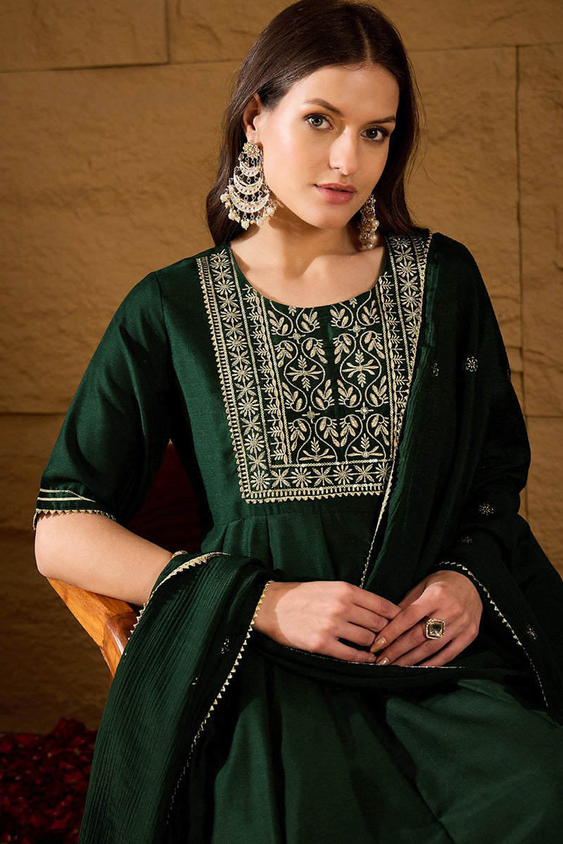 Green Silk Blend Embroidered Anarkali Suit Set VKSKD1218