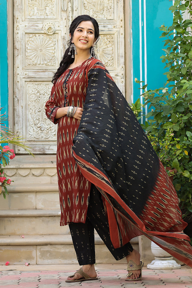 Brown Rayon Blend Straight Kurta Pant With Dupatta VKSKD1304