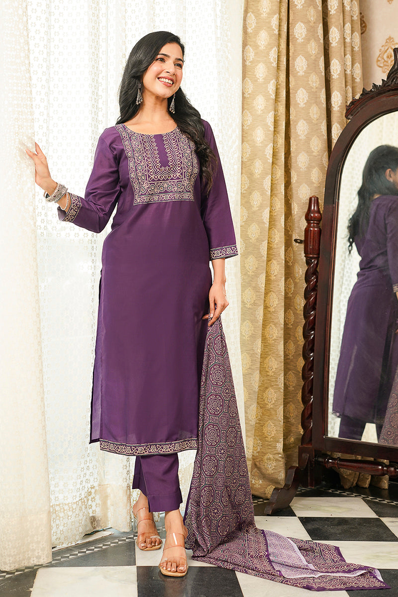 Purple Cotton Blend Ajrakh Printed Straight Kurta Trousers With Dupatta PKSKD3067