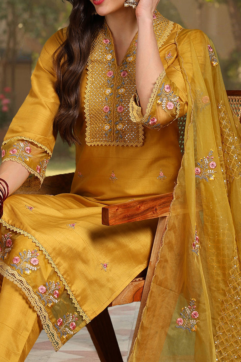 Mustard Yellow Silk Blend Floral Embroidered Straight Suit Set PKSKD2240