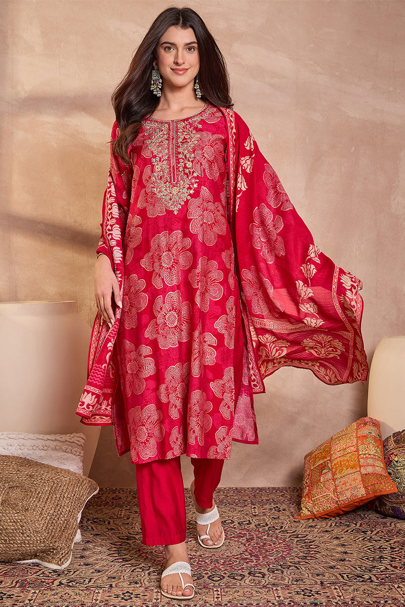 Pink Poly Silk Floral Printed Straight Kurta Trouser With Dupatta VKSKD3208