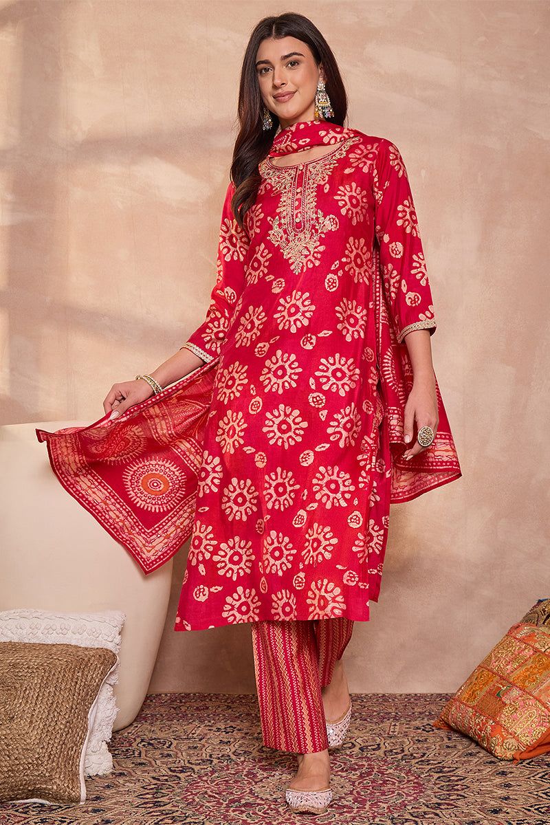 Pink Rayon Blend Floral Printed Straight Kurta Trouser With Dupatta VKSKD3214