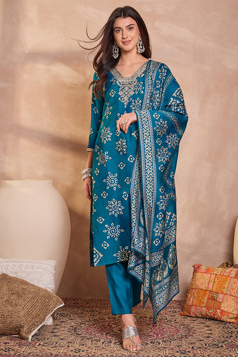 Blue Silk Blend Floral Printed Straight Regular Kurta Set PKSKD3226