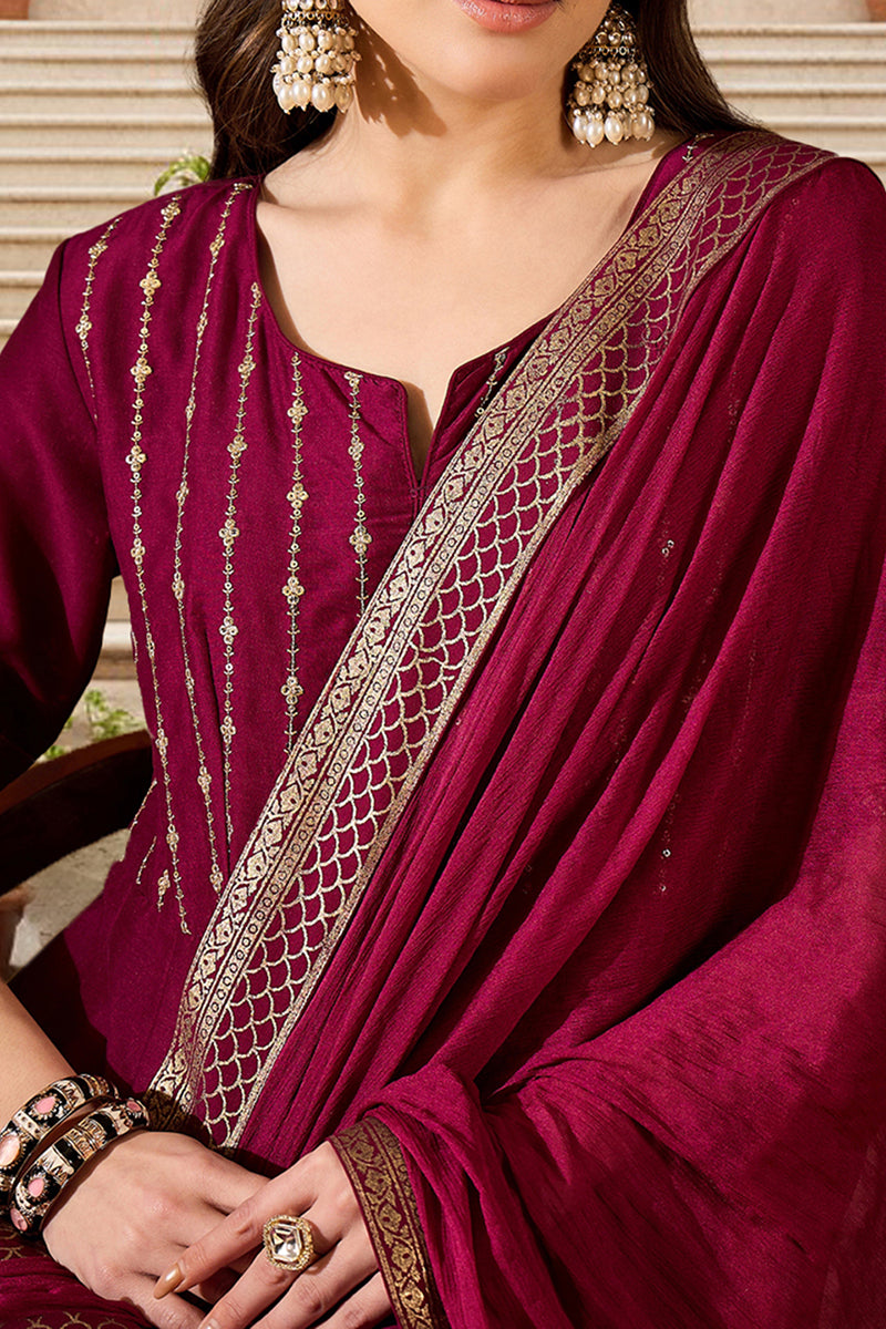 Magenta Silk Blend Woven Design Anarkali Suit Set PKSKD2066