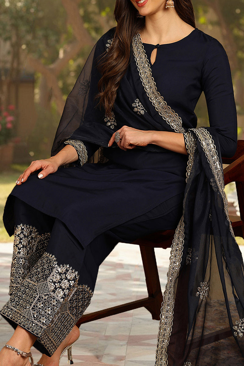 Navy Blue Silk Blend Solid Embroidered Straight Suit Set PKSKD2249