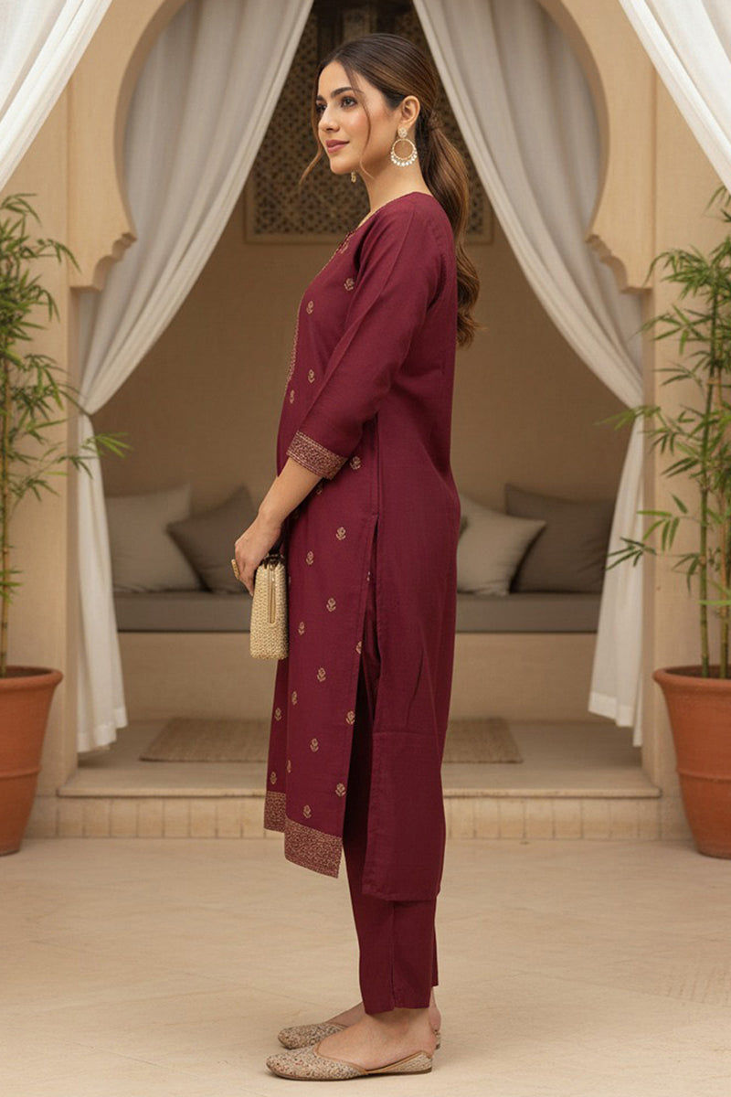 Maroon Silk Blend Ethnic Motifs Stoning Straight Kurta Trouser with Dupatta SKSKD3092