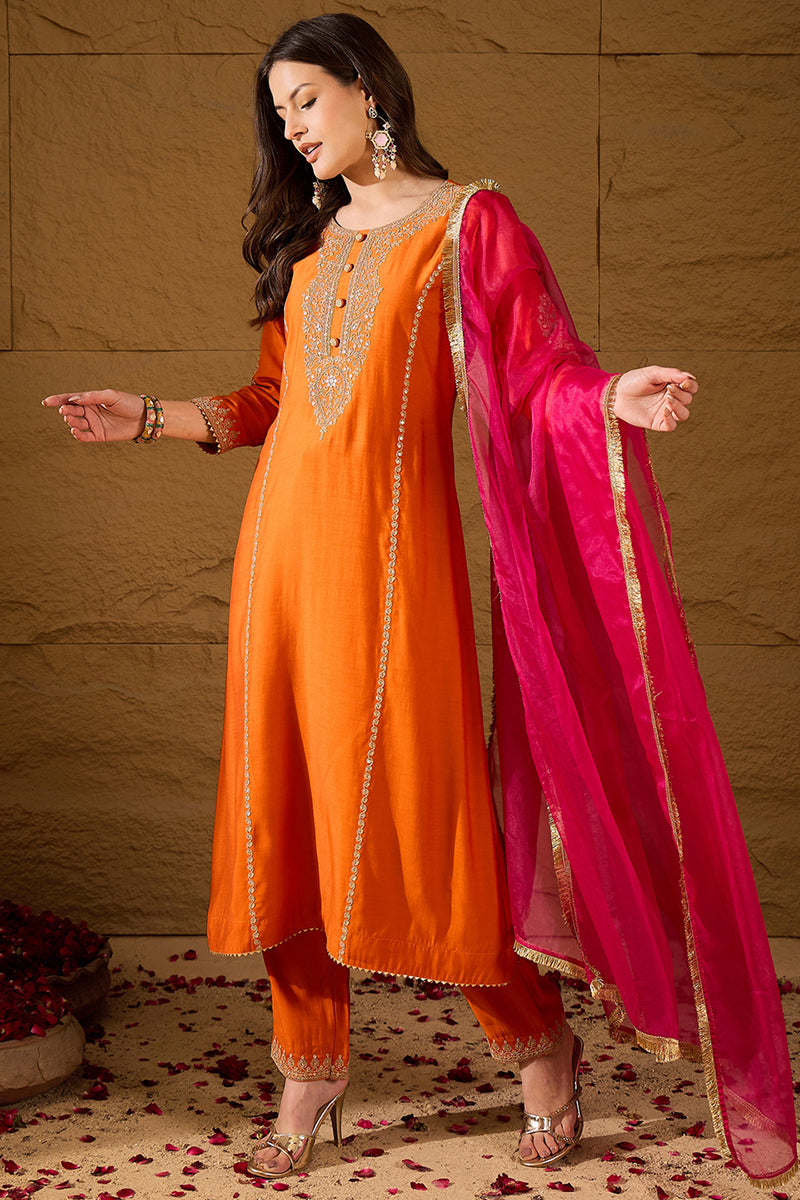Orange Silk Blend Solid Embroidered A-Line Kurta Trouser with Dupatta PKSKD2841