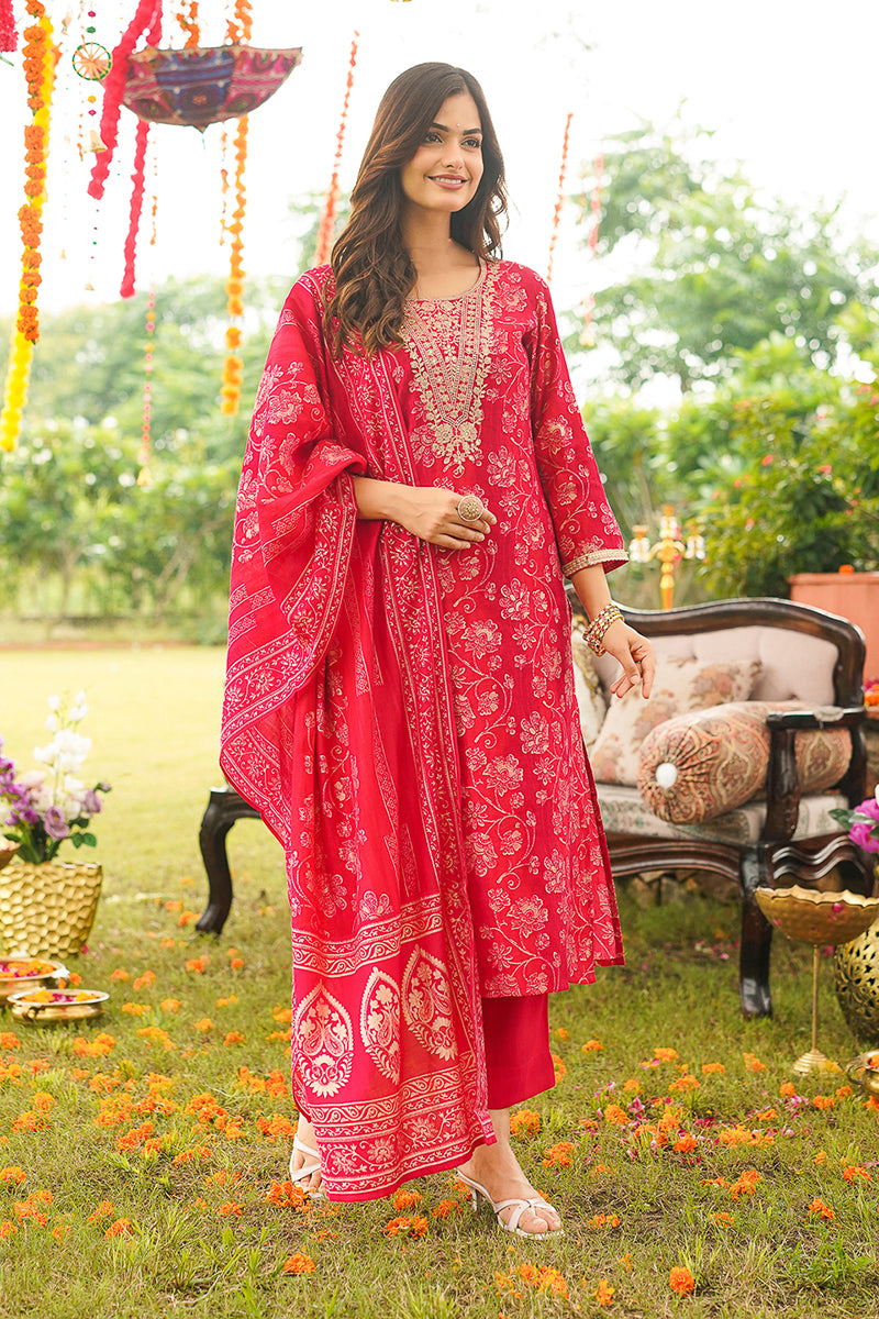 Red Viscose Rayon Floral Embroidered Straight Kurta Trousers With Dupatta PKSKD3056