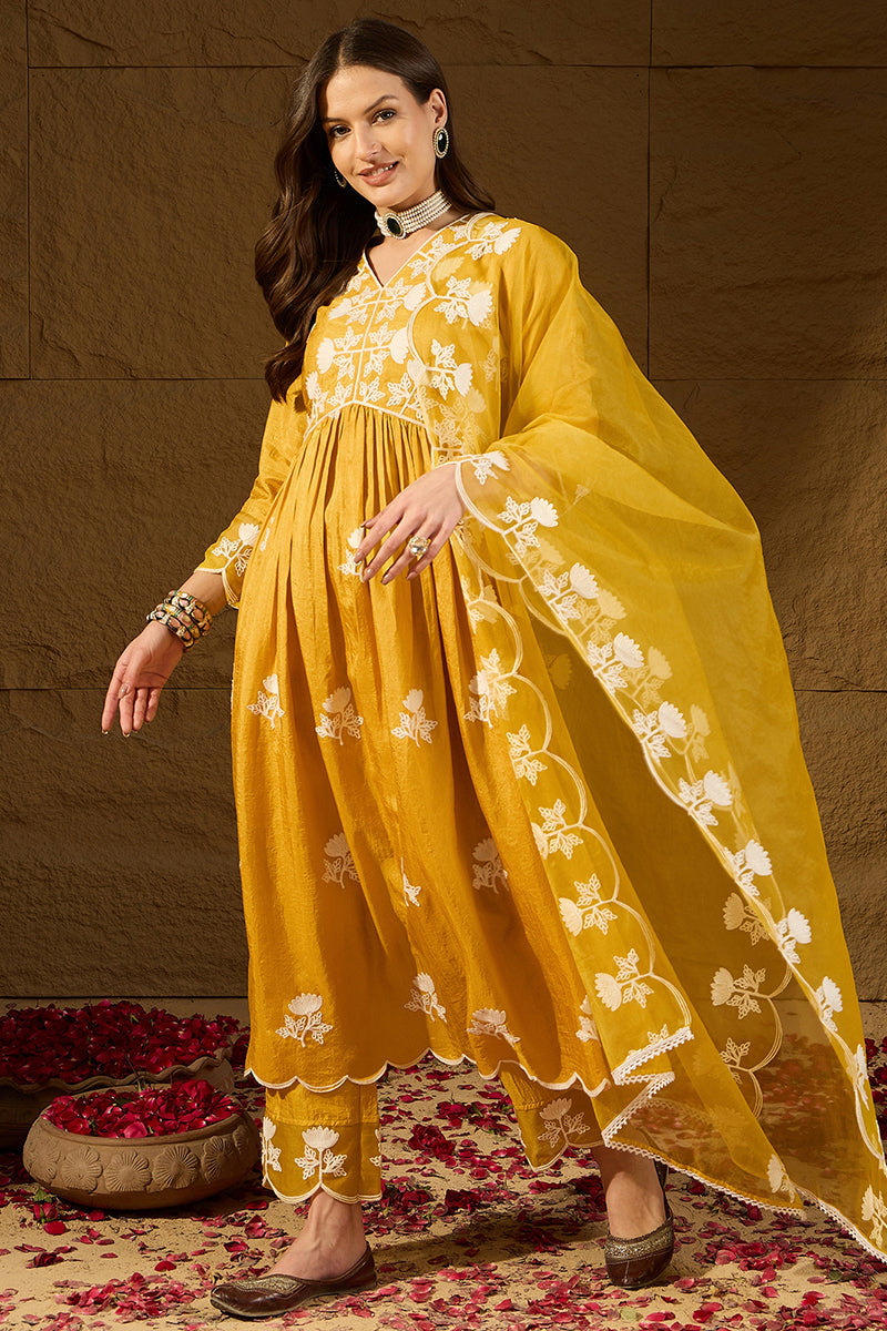 Yellow Silk Blend Solid Embroidered A-Line Kurta Trouser With Dupatta PKSKD2826