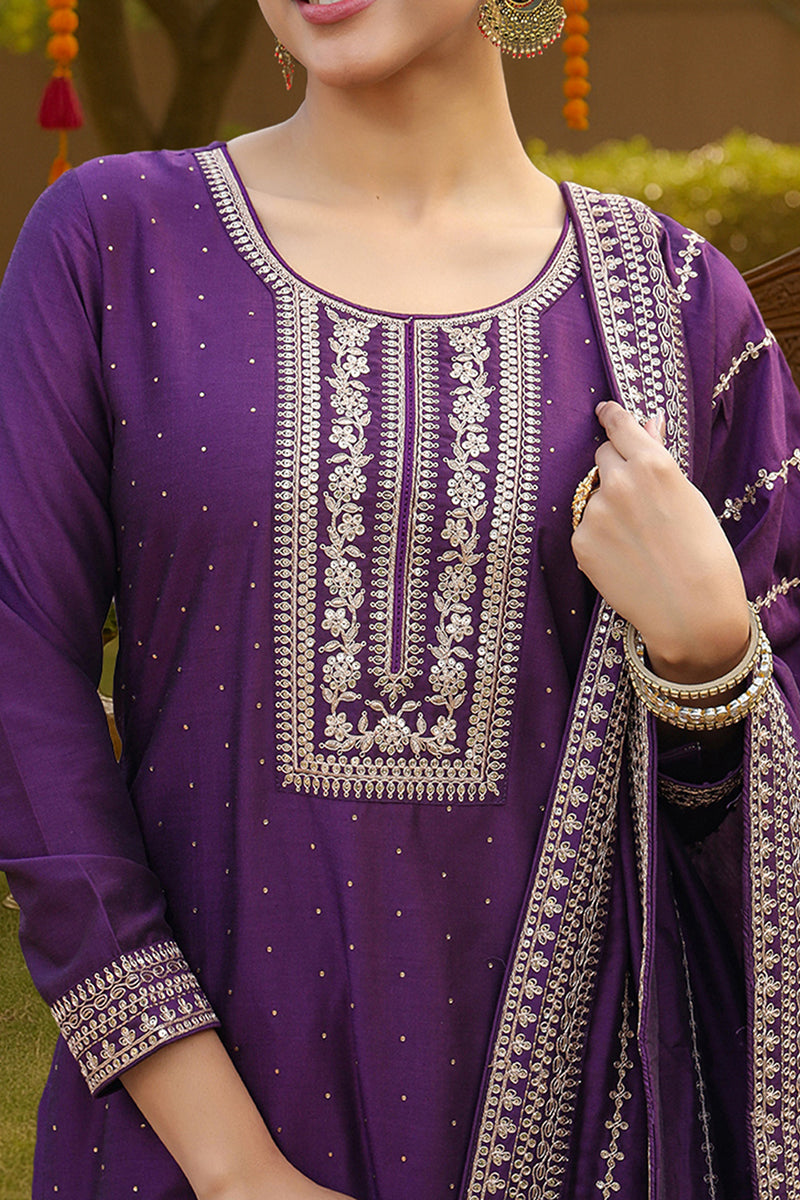 Purple Silk Blend Straight Kurta Palazzo With Dupatta PKSKD1859