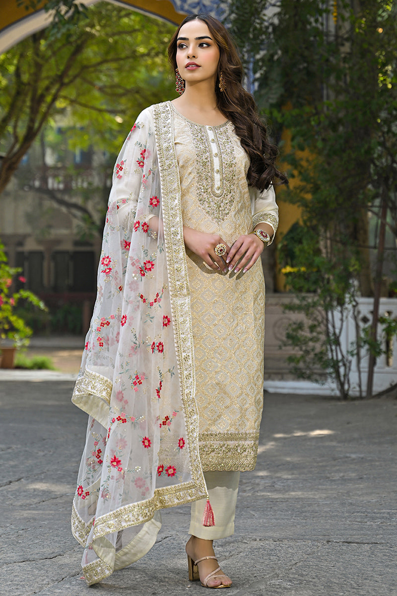Off White Silk Blend Solid Embroidered Straight Kurta Trousers With Dupatta PKSKD2925