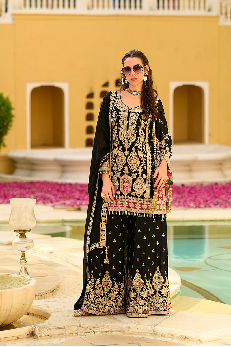Black Chinon Chiffon Embroidered Straight Kurta Sharara with Dupatta PKSKD2892