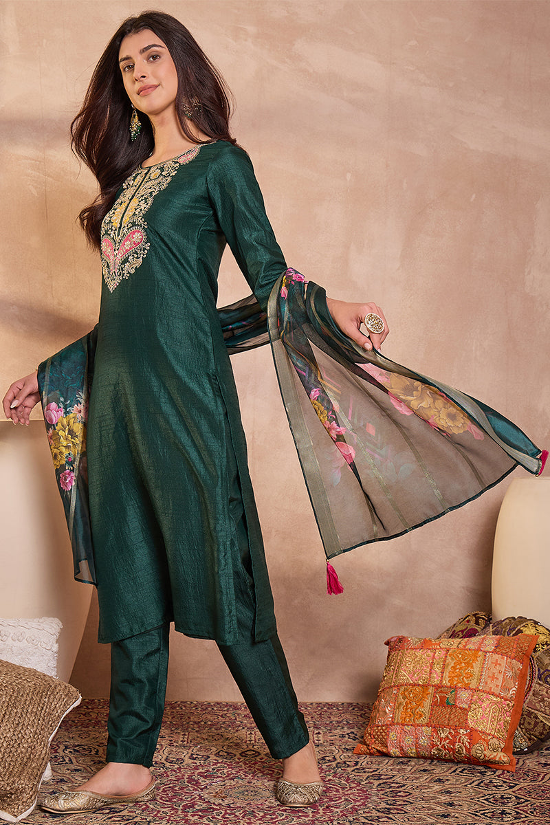 Green Silk Blend Solid Embroidered Straight Kurta Trouser With Dupatta PKSKD3101
