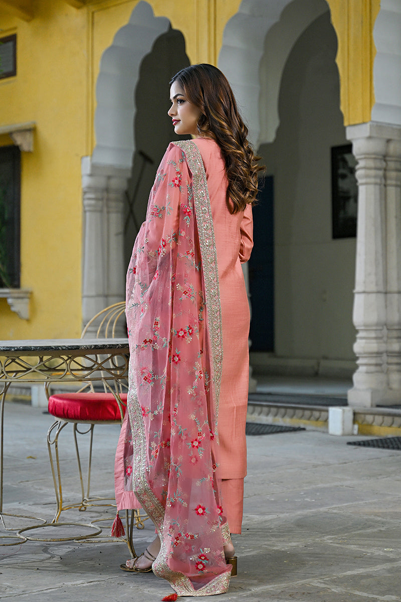 Peach Silk Blend Solid Woven Design Straight Kurta Trousers With Dupatta PKSKD2924
