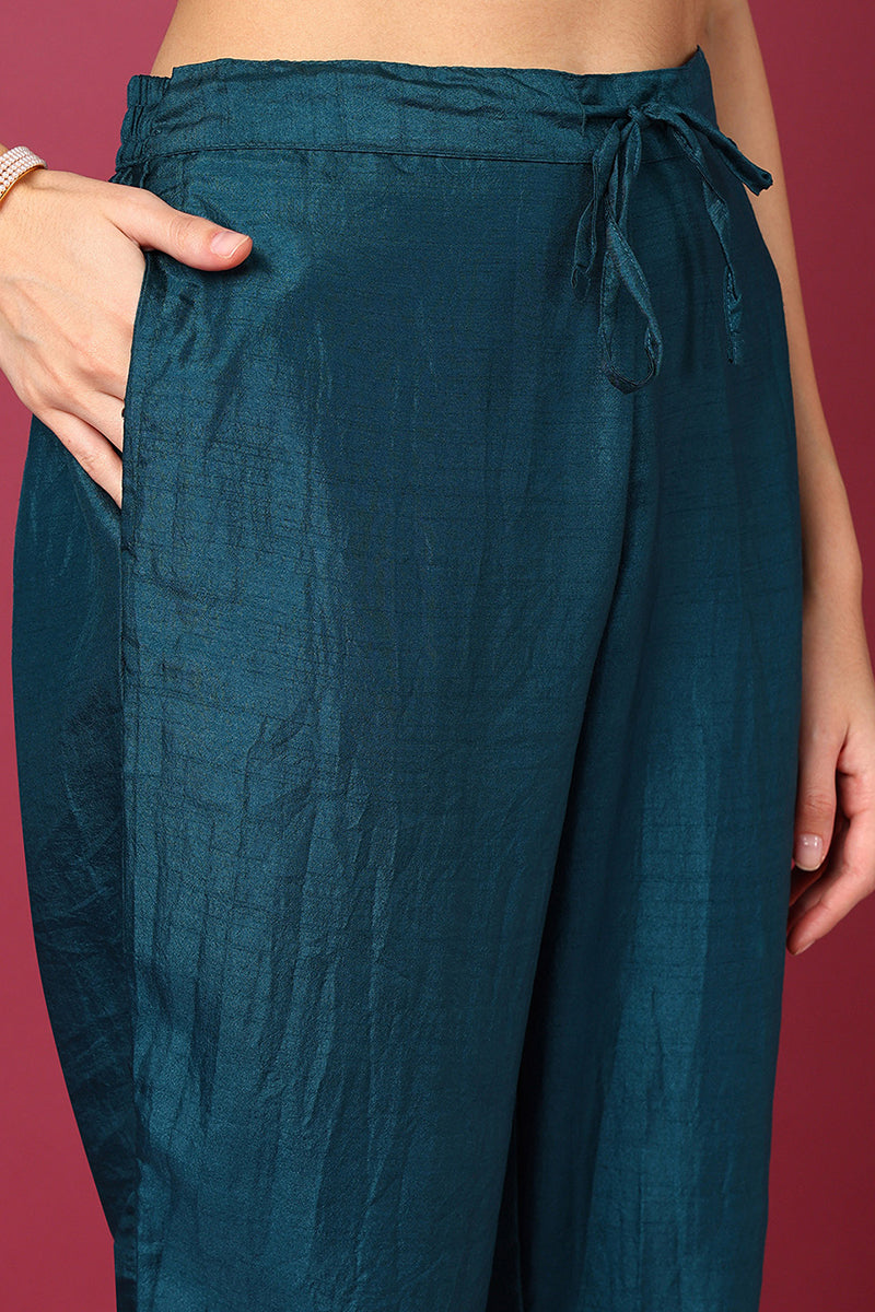 Teal Silk Blend Ethnic Motifs Woven Design Straight Suit Set PKSKD1780