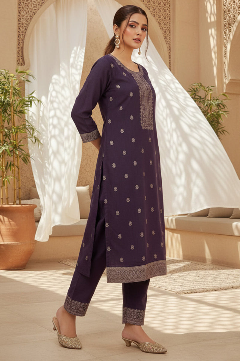 Purple Silk Blend Ethnic Motifs Stoning Straight Kurta Trouser with Dupatta SKSKD3091