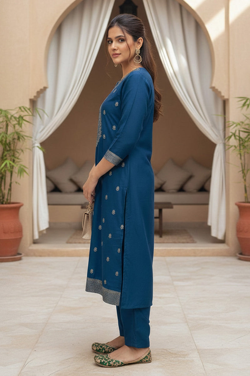 Blue Silk Blend Ethnic Motifs Stoning Straight Kurta Trouser with Dupatta SKSKD3090