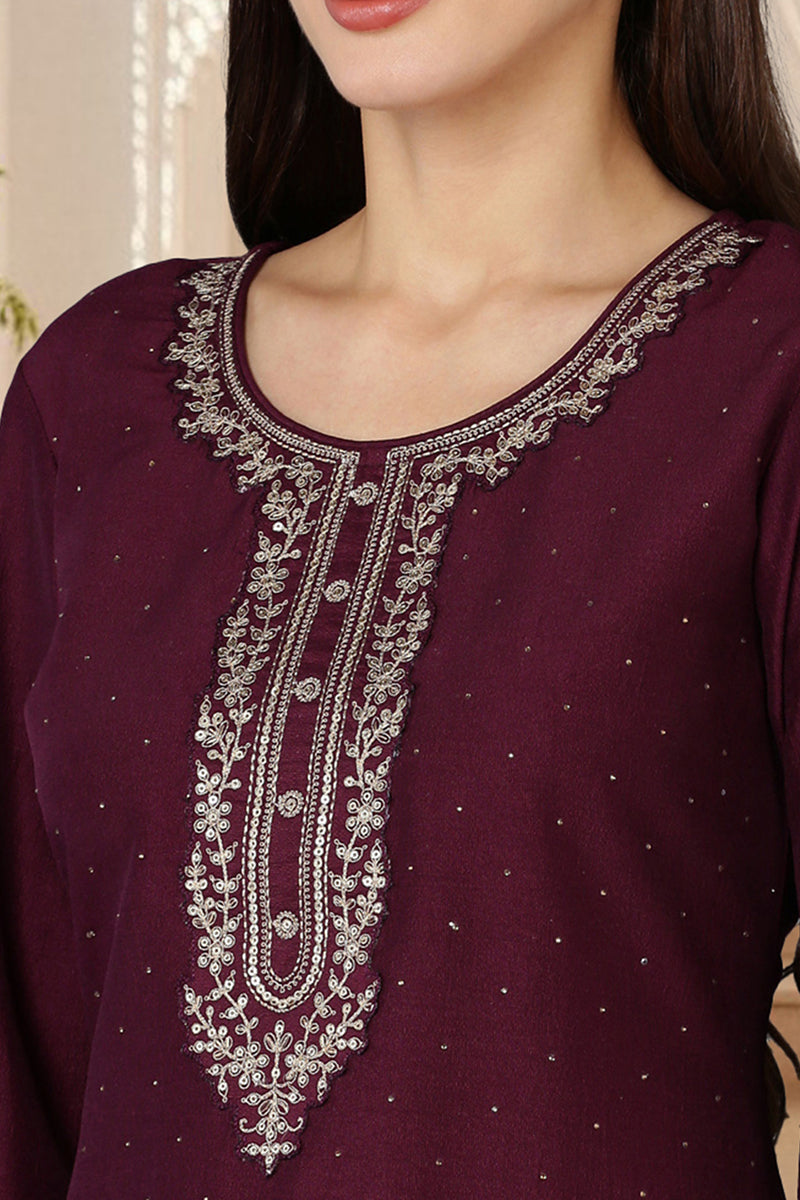 Burgundy Silk Blend Solid Straight Kurta Trousers With Dupatta PKSKD1759