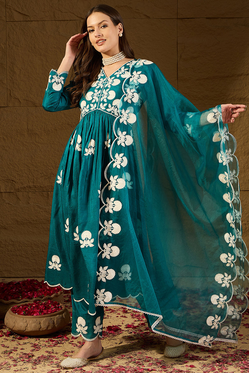 Teal Silk Blend Solid Embroidered A-Line Kurta Trouser With Dupatta PKSKD2824