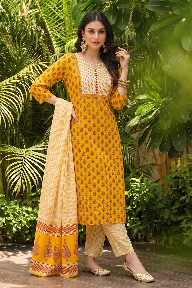 Yellow Rayon Blend Straight Suit Set VKSKD1042