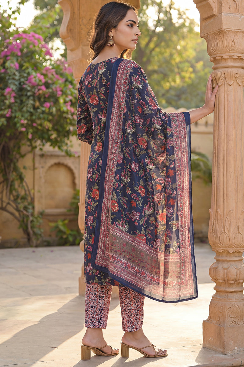 Navy Blue Rayon Blend Floral Printed Straight Trouser Suit Set VKSKD2255