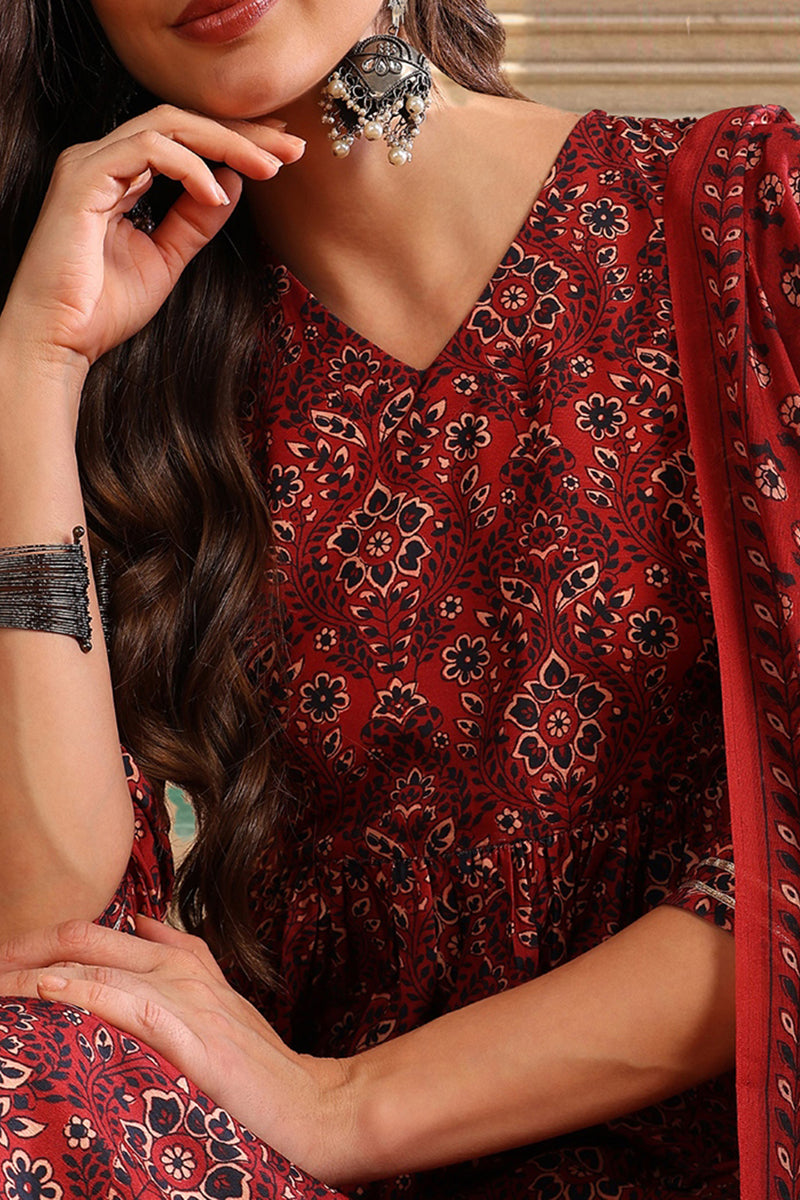 Red Rayon Blend Floral Printed A-Line Trouser Bottom Suit Set VKSKD2273