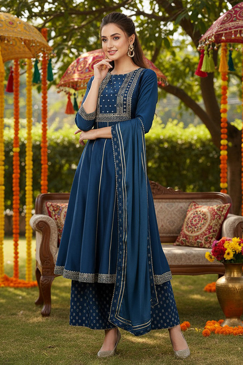 Teal Blue Silk Blend Ethnic Motifs Anarkali Suit Set PKSKD1930