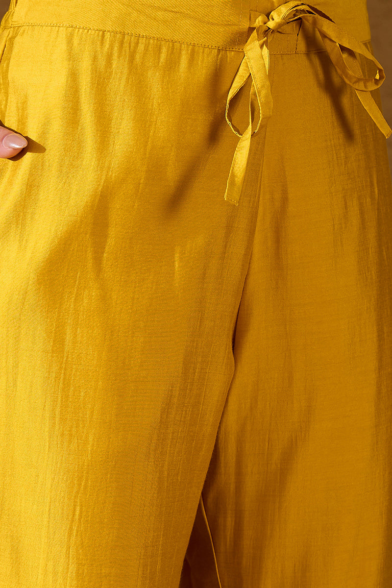 Yellow Silk Blend Solid Woven Design Straight Kurta Trousers With Dupatta PKSKD2935