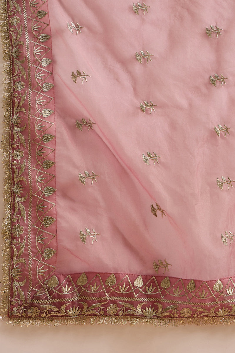 Pink Silk Blend Solid Embroidered Straight Kurta Trousers With Dupatta PKSKD2939