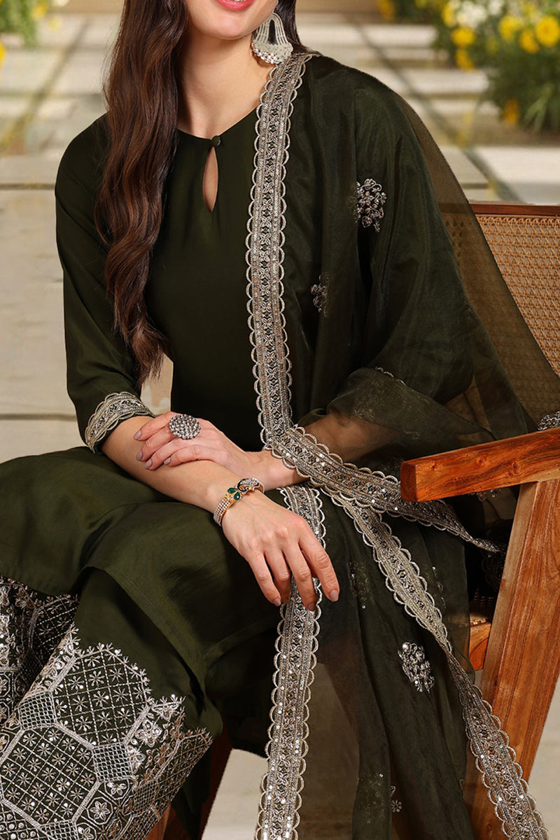 Olive Green Silk Blend Solid Straight Suit Set PKSKD2744