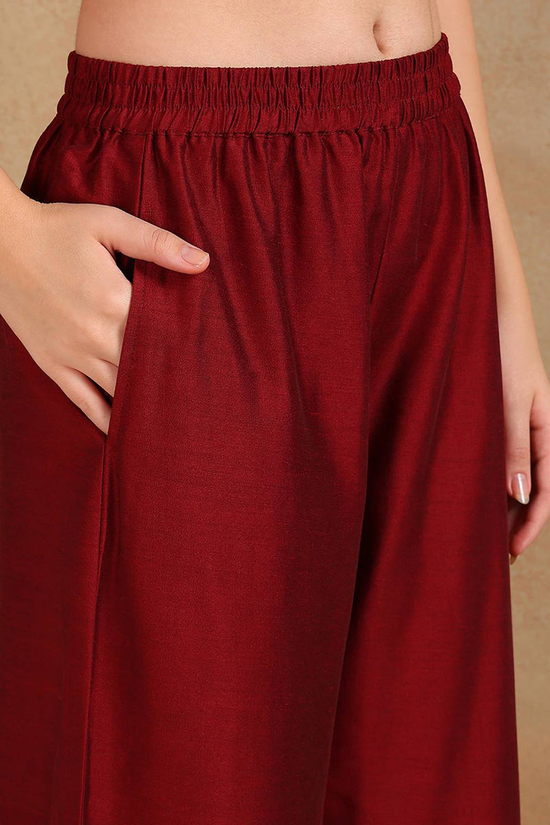 Maroon Silk Blend Straight Kurta Palazzo With Dupatta PKSKD1860
