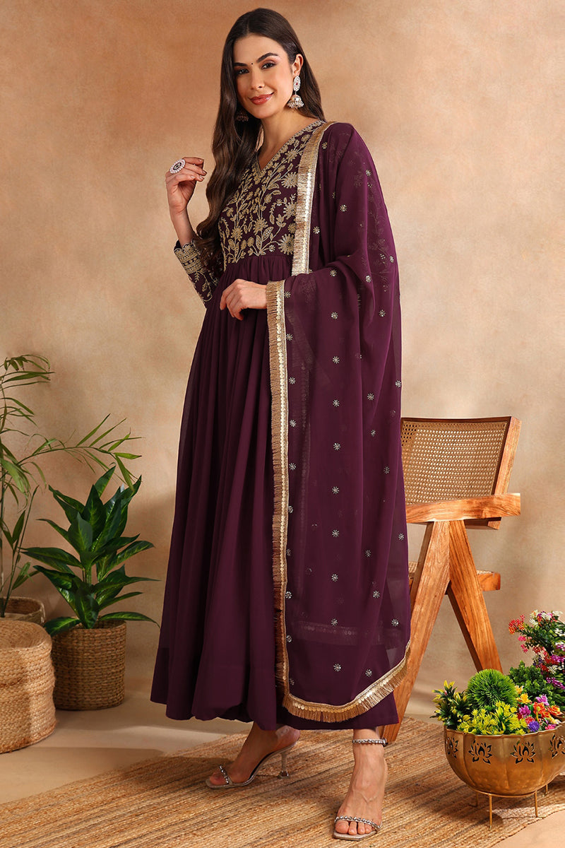 Wine Georgette Solid Embroidered Anarkali Gown with Dupatta VKSET1520WIN