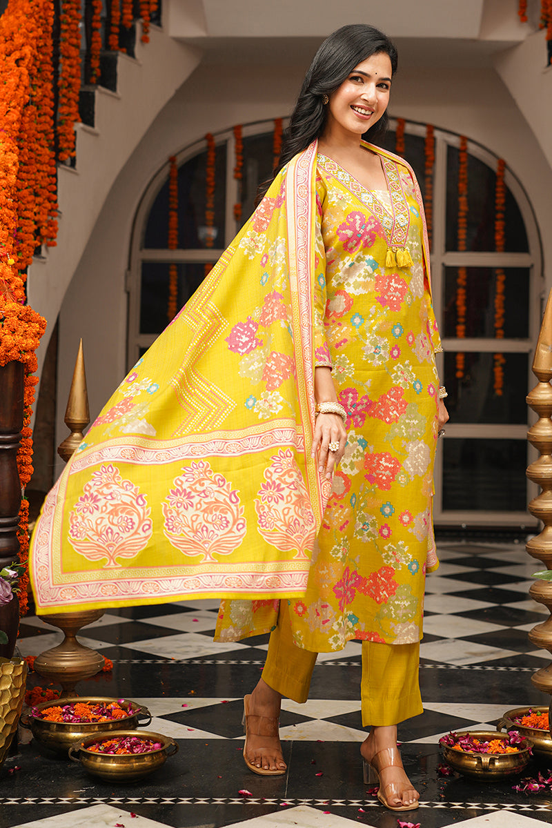 Yellow Viscose Rayon Geometric Embroidered Straight Kurta Trousers With Dupatta PKSKD3080