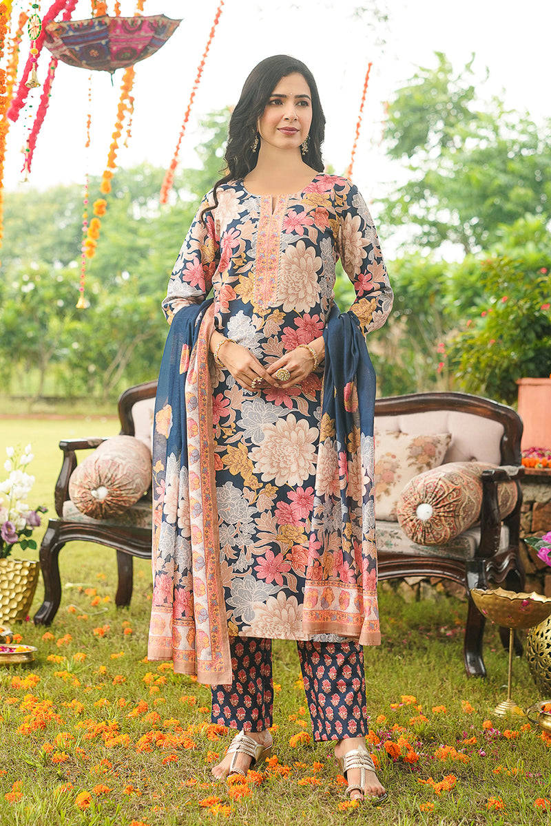 Blue Cotton Blend Floral Printed Straight Kurta Trousers With Dupatta VKSKD2415