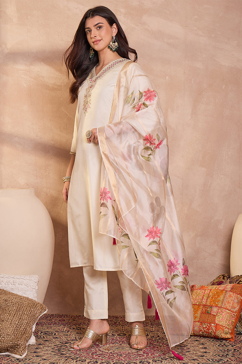 Off White Silk Blend Solid Embroidered Straight Kurta Trouser With Dupatta PKSKD3103
